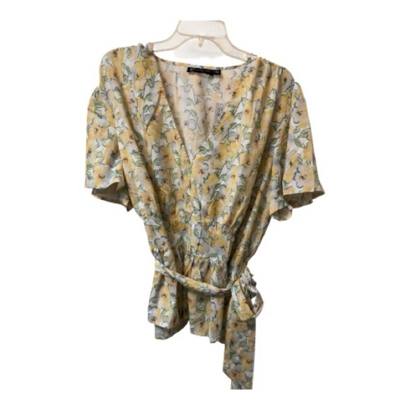 New York & Company Floral Peplum Blouse - Yellow and Green - Picture 2 of 4